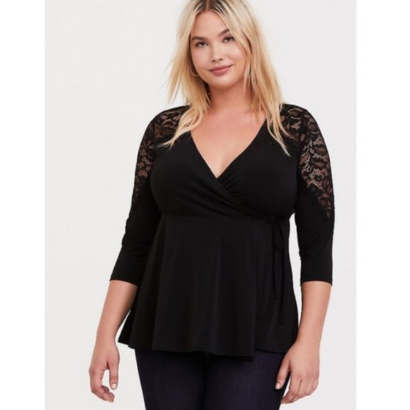 Torrid Black Studio Knit Lace Insert Wrap Top 3